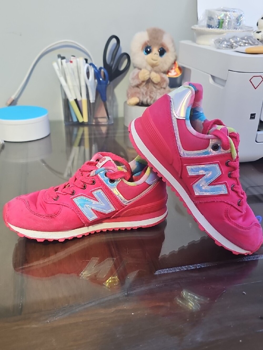 New Balance Kids Hot Pink Sneakers with Rainbow Collar - Picture 4 of 6